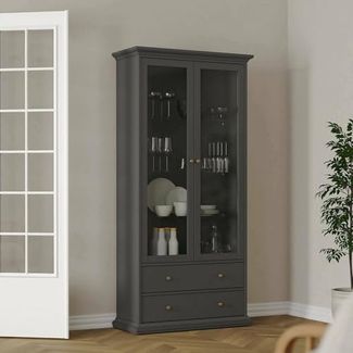 Dmora - Vitrine Gaetane, Glas-Sideboard, Mehrzweckvitrine, Hängendes Bücherregal mit Glastüren, 96x42 h201 cm, Grau