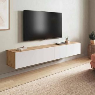 Dmora - TV-Ständer Vincennes, TV-Ständer mit 2 Türen, hängender Wohnzimmerschrank, 180x35h28 cm, Node-Eiche und glänzendes Weiß