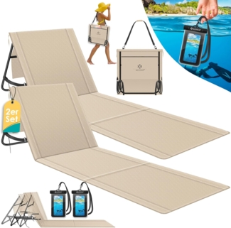 KESSER® Strandmatte klappbar mit verstellbarer Rückenlehne, Strandliege faltbar mit Tragegurt, wasserdichter Handyhülle & Aufbewahrungstasche, Sonnenliege für Strand Garten Terrasse, Liegematte 130Kg Beige, 2er Set