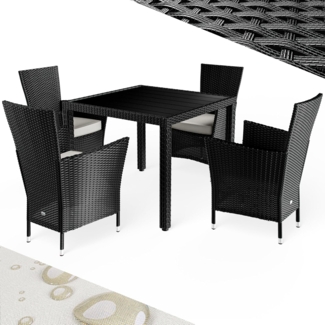Casaria Garten-Essgruppe, Polyrattan 4 Stühle Stapelbar 90x90cm Esstisch WPC Holz Wetterfest