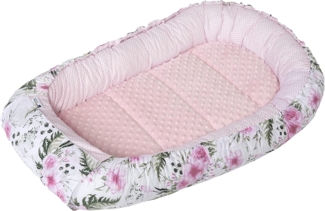 Medi Partners Babynest Kuschelnest Babynestchen 100% Baumwolle Nestchen Reisebett für Babys Säuglinge 100 x 60 x 15 cm herausnehmbarer Einsatz (Blument mit Hellrosa Minky)