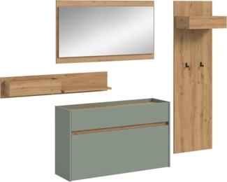 xonox. home – 4 teilige Garderobenkombination Drive 205 x 192 x 32 cm in Salbei und Artisan Oak Nachbildung – Set mit Spiegel, Paneel & Schuhkommode – Moderne Garderobe für Diele & Eingangsbereich