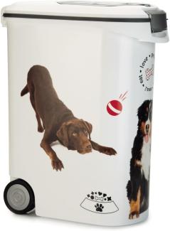 Curver Hundefutterbehälter 54L – Luftdichte Futtertonne mit Rollen und Schaufel – Bis zu 20kg Kapazität, Leichte Entnahme - für Hunde oder andere Haustiere – Weiß mit Hundemotiv