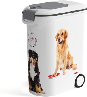 Curver Hundefutterbehälter 54L – Luftdichte Futtertonne mit Rollen und Schaufel – Bis zu 20kg Kapazität, Leichte Entnahme - für Hunde oder andere Haustiere – Weiß mit Hundemotiv