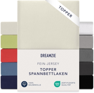 Dreamzie Premium Topper Spannbettlaken 180x200 cm - 200x200 cm - extra niedriger Steg - für Boxspringbett - Topperauflage - Spannbetttuch Jersey Baumwolle, 150 g/m² - Oeko-TEX - Beige