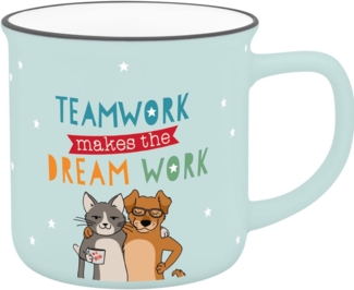 GRUSS & CO Becher mit Motiv Teamwork | Lieblingsbecher aus New Bone China Porzellan, Emaille-Optik, schwarzer Trinkrand, 35 cl | Geschenk Freundschaft | 74670