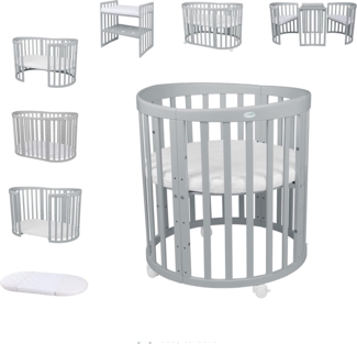 Waldin Oval Babybett Mitwachsend Komplett Set 7in1 - Grau Baby Gitterbett mit Matratze - Babybetten mit Wickelkommode - Baby Bett mit Rollen - Mitwachsendes Kinderbett - Baby Bed - Beistellbett Holz