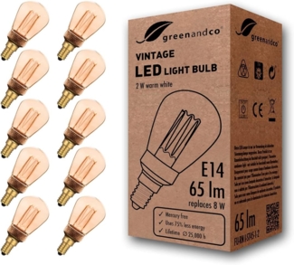 greenandco 10x LED Vintage Glühbirne zur Stimmungsbeleuchtung | E14 ST45 | gold | 2W 65lm | 1800K extra warmweiß | 320° | 230V | flimmerfrei | nicht dimmbar | Edison Glühbirne