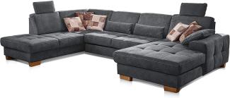 CAVADORE Wohnlandschaft Puccino mit Federkern, Schlaffunktion, verstellbarer Rückenlehne und 2 Kopfstützen / Sofalandschaft in U-Form im Landhaus-Design / 340 x 86 x 224 cm / Mikrofaser grau