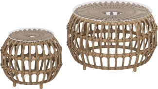 Outsunny Beistelltisch mit Glasplatte (rund wetterfest Gartentisch, 2-St, 2er Set Balkontisch aus Polyrattan), Ø66,42 cm, für Garten, Balkon, Braun