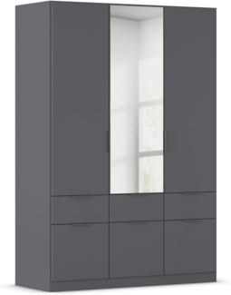 Rauch Möbel Dundee, Kleiderschrank, Schrank, Garderobe, Organizer, 3-türig, mit Spiegel, 6 Schubladen für mehr Stauraum, Farbe Grau metallic, Schwarz, Kurze Griffleiste Grau metallic, 136 x 197 x 54 cm
