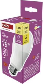 EMOS - Dimmbare LED Lampe Classic 10,5W - A60-Birne Ersatz für 75W Glühbirne - E27 Sockel, Helligkeit 1 060 lm, Warmweiß 2700 K, 30000 h Lebensdauer - CRI min. 80, 160° Abstrahlwinkel - Step-Dimmen