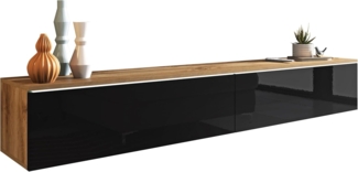 TV-Lowboard Stone 180, mit weißer LED Beleuchtung, Farbe: Wotan / Schwarz Hochglanz