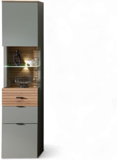 Stella Trading INA Vitrine in Schilfgrün, Artisan Eiche Optik FSC-Zertifiziert - Moderner Vitrinenschrank mit LED-Beleuchtung und viel Stauraum - 45 x 200 x 36 cm (B/H/T)