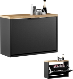 Planetmöbel Schuhschrank schmal mit 1 Klappe platzsparender Schuhregal mit 2 Ablagen, Schuhkommode für Diele, Flur, Garderobe 60 x 23 x 42,5 cm, schwarz