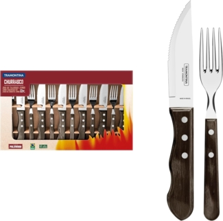Tramontina Steakbesteck JUMBO 12-tlg. Set, rostfreier Edelstahl, scharfer Wellenschliff (12-tlg), 6 Personen, Edelstahl, für 6 Personen, FSC Echtholzgriff, spülmaschinenfest