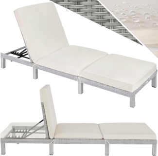 tectake® Polyrattan Sonnenliege mit 6-Fach höhenverstellbarer Rückenlehne, Outdoor Daybed mit bequemer Polsterauflage, Gartenliege Rattan für drinnen und draußen, pflegeleicht und stabil - hellgrau
