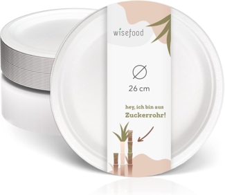 wisefood Einwegteller Zuckerrohr Teller - 26 cm (rund, weiß) Bagasse, (100 St)