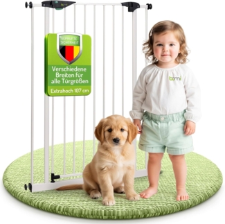 BOMI Treppenschutzgitter 73-161 cm | Extra breit und hoch | Ohne Bohren | Schließt automatisch | Kinderschutzgitter weiss öffnet in beide Richtungen | Tür- & Treppenschutzgitter Baby Hund