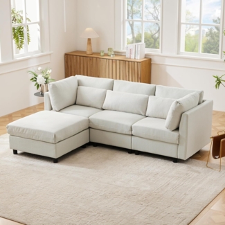 Ball & Cast L-förmiges Eckcouch mit Schlaffunktion, 3-Sitzer Sofa mit Polsterhocker aus Leinenstoff für das Wohnzimmer Wohnung Villa, 220 x 81 x 83 (BxHxT), Beige