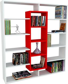 moebel17 Ample Bücherregal 0646 Wandregal Aufbewahrungsregal Standregal Regal Holz Weiß Rot, 14 Fächer, 125 x 135,7 x 22 cm für Wohnzimmer, Arbeitszimmer und Büro