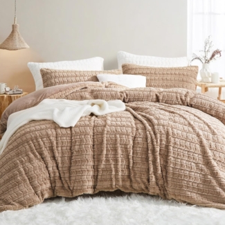 Lanqinglv Plüsch Bettwäsche 135x200 Kunstfell Khaki Flauschig Winterbettwäsche Warme Kuschelig Flanell Fleece Cashmere Touch Biber Bettbezug mit Reißverschluss und 1 Kissenbezug 80x80 cm