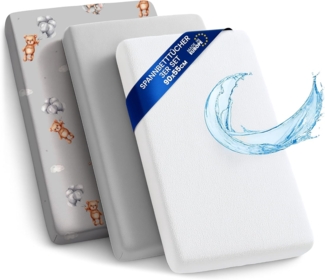 Spannbettlaken Kinderwagen Baby Spannbetttücher 3er Set: 55x90 cm - 2X Bettlaken + 1x wasserdichter Matratzenschoner - Babybett Zubehör für Kinderbett Beistellbett Stubenwagen 55x90