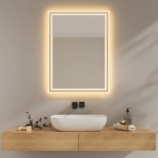 EMKE Badezimmerspiegel mit LED-Licht, 80x60 cm, LED-Badezimmerspiegel, warmweißes Licht, 3000 K, Wandspiegel mit Beleuchtung, horizontal/vertikal, IP44, energieeffizient