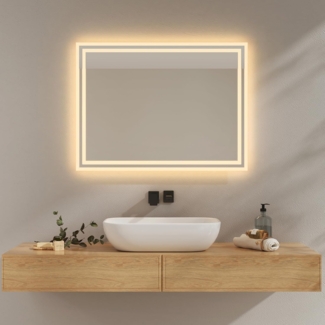 EMKE Badezimmerspiegel mit LED-Licht, 80x60 cm, LED-Badezimmerspiegel, warmweißes Licht, 3000 K, Wandspiegel mit Beleuchtung, horizontal/vertikal, IP44, energieeffizient