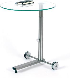 Ebinger Couch- und Beistelltisch in Edelstahl höhenverstellbar und fahrbar Ø 495 mm Klarer ESG-Sicherheitsglasplatte Tischhöhe max. 650 mm P738. 35. 0