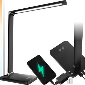 tectake Schreibtischlampe Tischleuchte Novaly, LED, dimmbar, 5W inklusive USB-Anschluss, Dimmbar, Dreh-, neig- und klappbare Schreibtischlampe im schlanken Design