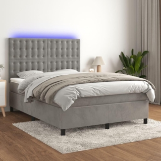 vidaXL Boxspringbett mit Matratze & LED Hellgrau 140x190 cm Samt 3136359