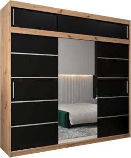 Kryspol Schwebetürenschrank Verona 2-250cm mit Spiegel Kleiderschrank Kleiderstange und Einlegeboden Schlafzimmer-Wohnzimmerschrank Schiebetüren Modern Design (Artisan Eiche + Schwarz mit Erweiterung)