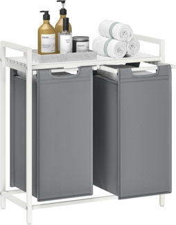Vasagle Wäschekorb 2 Fächer, Wäschesammler mit Ablage, Wäschebox, Wäschesack aus Oxford-Gewebe ausziehbar abnehmbar, Metallrahmen, 2x46 L, 73 x 33 x 72 cm, weiß-hellgrau von Songmics