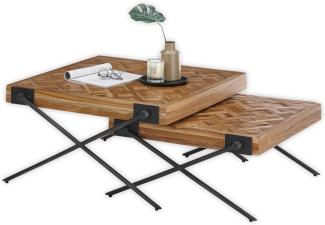 AKONI Beistelltisch 2er Set, Teak-Holz recycelt - Hochwertiges Couchtisch Set mit filigranem Metallgestell - 80 x 43 x 80 cm (B/H/T)