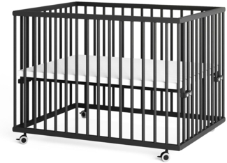 Sämann Laufstall Baby 75x100 cm | TÜV geprüft 2024 | stufenlos höhenverstellbar | Laufgitter Premium | Babybett aus Holz | Krabbelgitter Black Edition