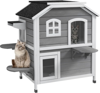 PawHut Tierhöhle mit Asphaltdach, mit Treppen, 2-Etagen Katzenvilla, Wasserfest, für Garten, Balkon, Grau