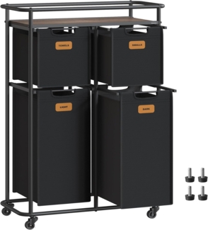 VASAGLE Wäschesortierer, Wäschetrenner mit Rädern, 150 L, Wäschekörbe, beweglicher Wäschewagen mit Ablage, 4 abnehmbare Taschen, 6 Etiketten, tintenschwarz-kastanienbraun