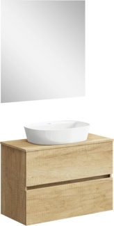 Baikal Onyx Badezimmerschrank, montiert, 2 Schubladen, Badezimmermöbel mit Waschbecken, Hängeschrank, Wandschrank, Keramikwaschbecken, inkl. Spiegel, 90 cm Natur