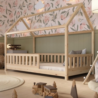 Crazy Pine Hausbett 200x140 cm – Kinderbett aus Naturholz mit Rausfallschutz – Skandinavisches Design, Montessori Bodenbett mit Höhenverstellbaren Beinen - Crazy Blanco