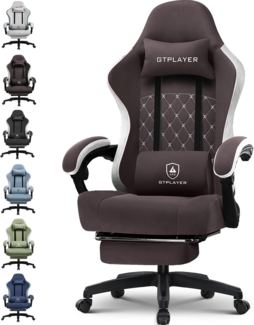 GTPLAYER Gaming Stuhl Ergonomischer Gaming Sessel Schreibtischstuhl mit Stoffoberfläche, Federsitzkissen, Verbindungsarmlehnen und Fußstütze braun