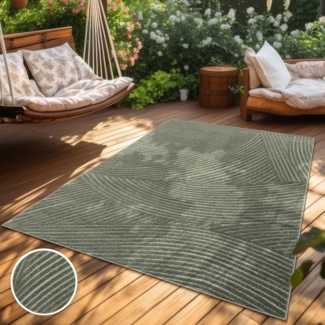 Paco Home Teppich In- & Outdoor, Moderne abstrakte Boho Designs mit 3D Struktur, robust & wetterfest, ideal für Terrasse Wohnzimmer & Küche, Grösse:120 cm Rund, Farbe:Grün 2