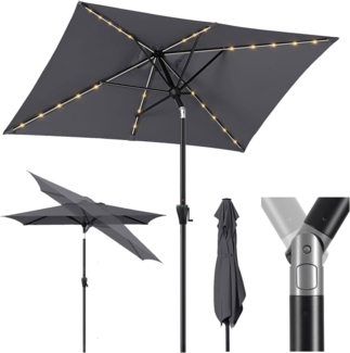 Sekey Aluminum Solar-Sonnenschirm mit LED-Beleuchtung 210x140 cm, UV50+ Rechteckiger Balkon-Garten-Schirm, Solarlampe & Kurbelsystem