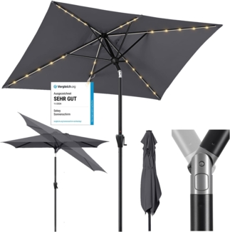 Sekey Aluminum Solar-Sonnenschirm mit LED-Beleuchtung 210x140 cm, UV50+ Rechteckiger Balkon-Garten-Schirm, Solarlampe & Kurbelsystem