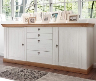 Sideboard 210cm im Landhaus-Stil LINARES-61 in Pinie weiß / Wotan Eiche Nb. - B/H/T ca. : 210/91/52 cm