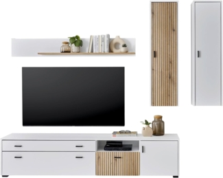 Wohnwand Merced in weiß matt und Eiche 4-teilig 243 x 180 cm