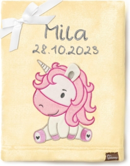 Be Mammy Personalisierte Babydecke mit 3D Applikation Warme Kuscheldecke mit Namen und Geburtsdatum; Perfektes Baby Geschenk; Blanket; Krabbeldecke BE20-280 (Gelb - Einhorn)