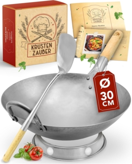 Krustenzauber Wok 30cm Wokpfanne - Traditionelle Stahlwokpfanne, (mit Wokwender u. Wokring - Wok Pfanne, Wok Induktion, Woklette), Wok Zubehör, Carbon Steel Wok Karbonstahl