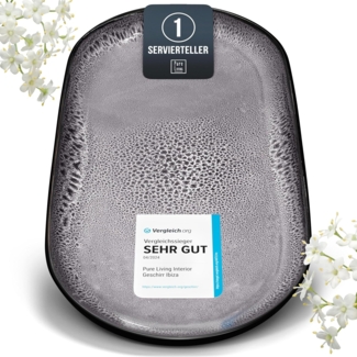 Steingut Servier Teller Groß Ibiza TESTSIEGER, Traumhafte Mediterrane Steingut Servierplatte, Serving Plate Oval, Servierteller Groß - Pure Living in Grau