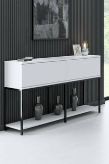 Dmora - Kommode Altair, Wohnzimmerbuffet, Wohnzimmer-Sideboard, Moderne Küchen-Speisekammer, 150x30h80 cm, Weiß und Schwarz